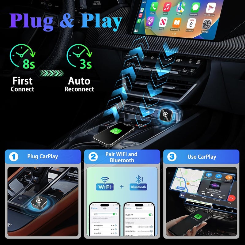 LULEENEMO محول وايرلس CarPlay 2026 - ترقية من CarPlay السلكي إلى وايرلس، تصميم Mini USB للسيارات مع موصل Apple CarPlay السلكي المدمج وسهل الاستخدام مع اتصال سريع ومستقر Car Play لهواتف iPhone - Image 5